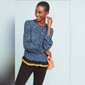 Fab'rik Blue Floral Blouse With Pleated Trim